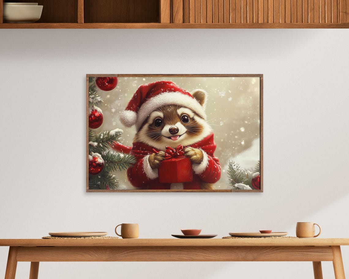 Happy Raccoon in Santa Suit Holding Red Gift Snowy Christmas Poster - Image 4