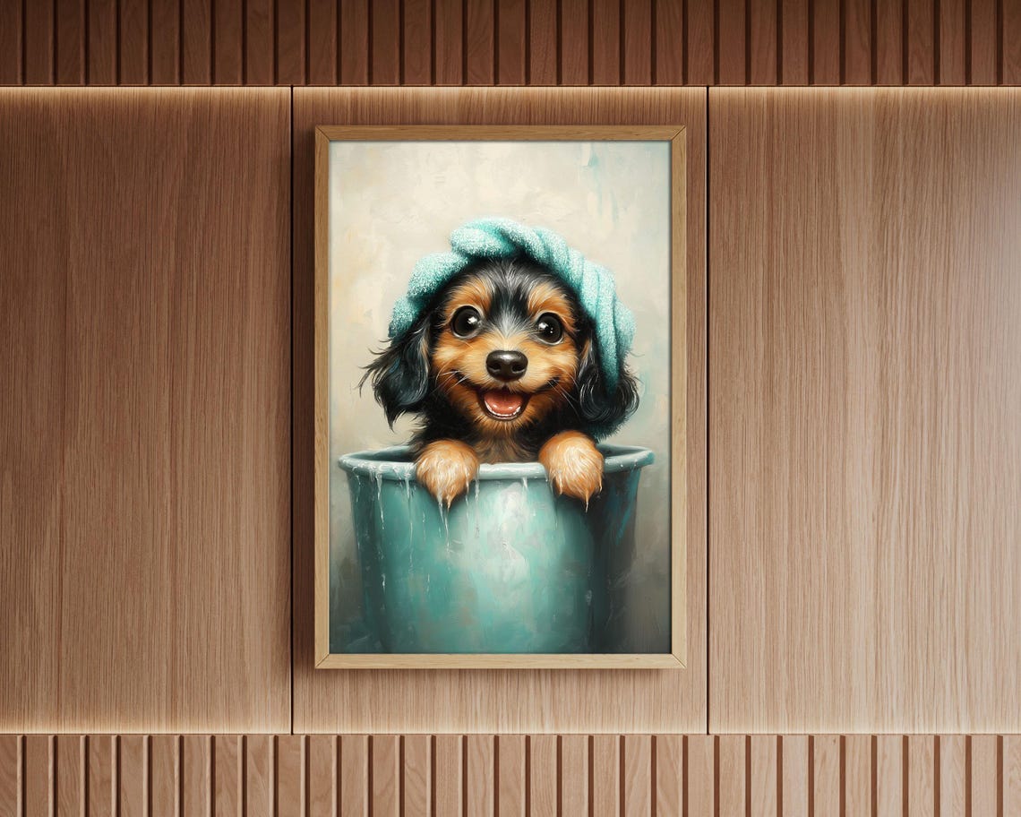 Dachshund Puppy Bath Time In Tub With Towel Cute Dog Art Poster - Image 4