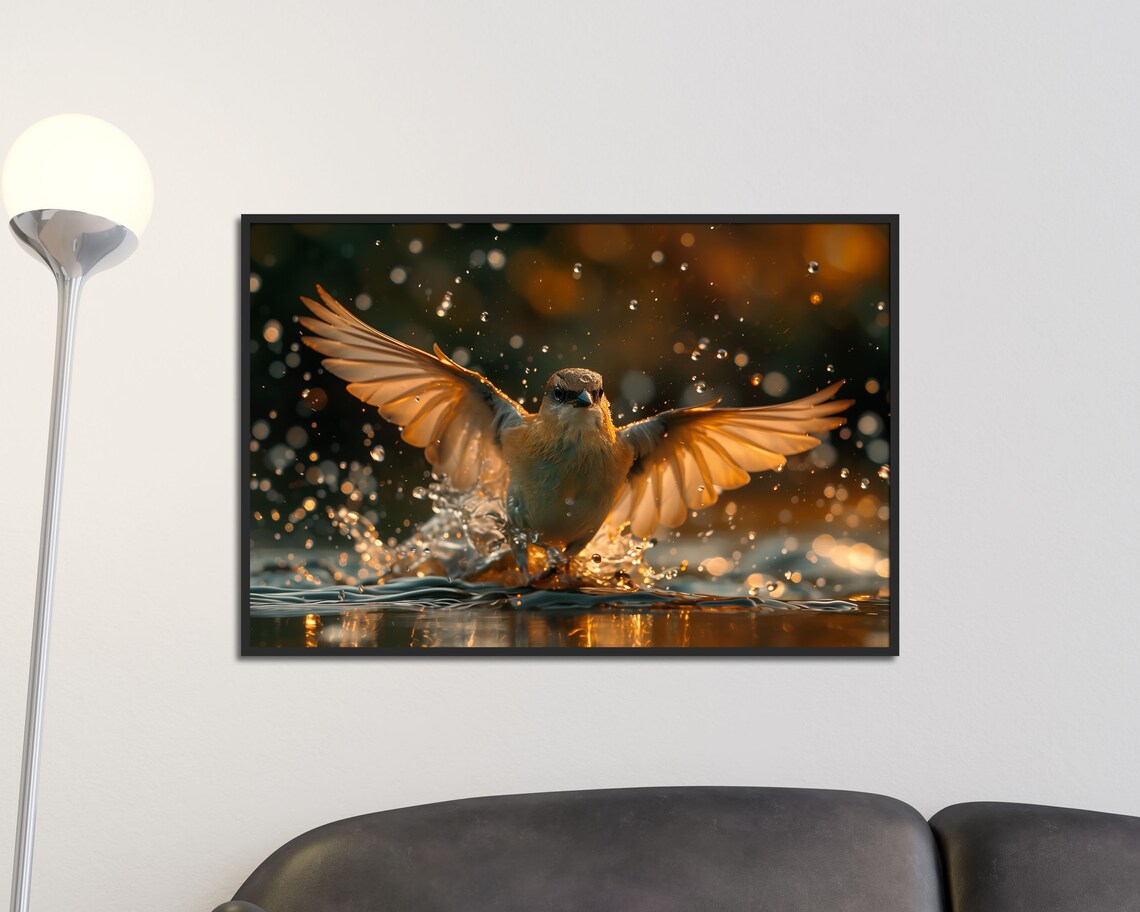 Songbird Bathing In Golden Water Splash Birdwatcher Nature Poster - Image 3