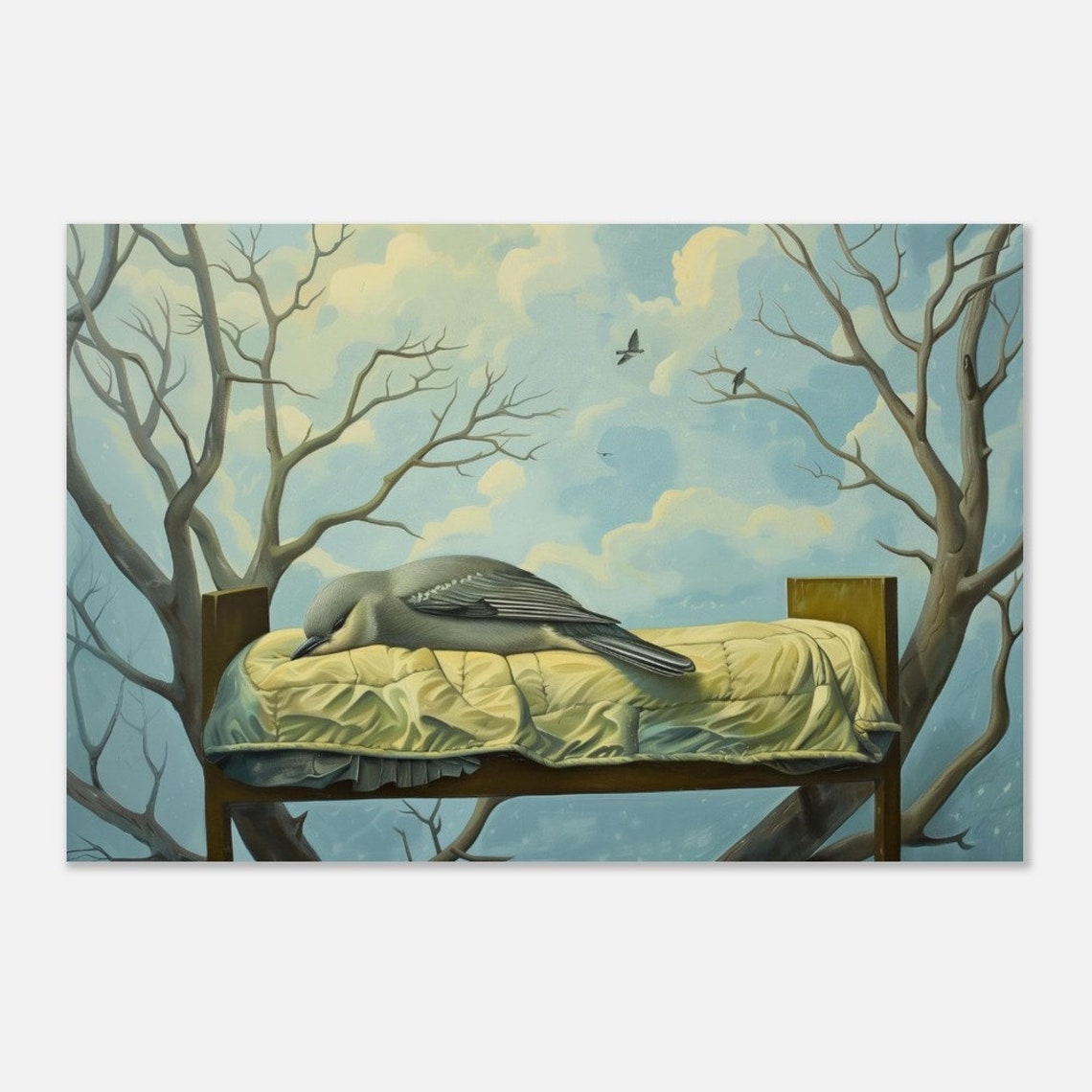 Sleeping Bird On Bed Surreal Dreamlike Blue Trees Wildlife Wall Art - Image 2