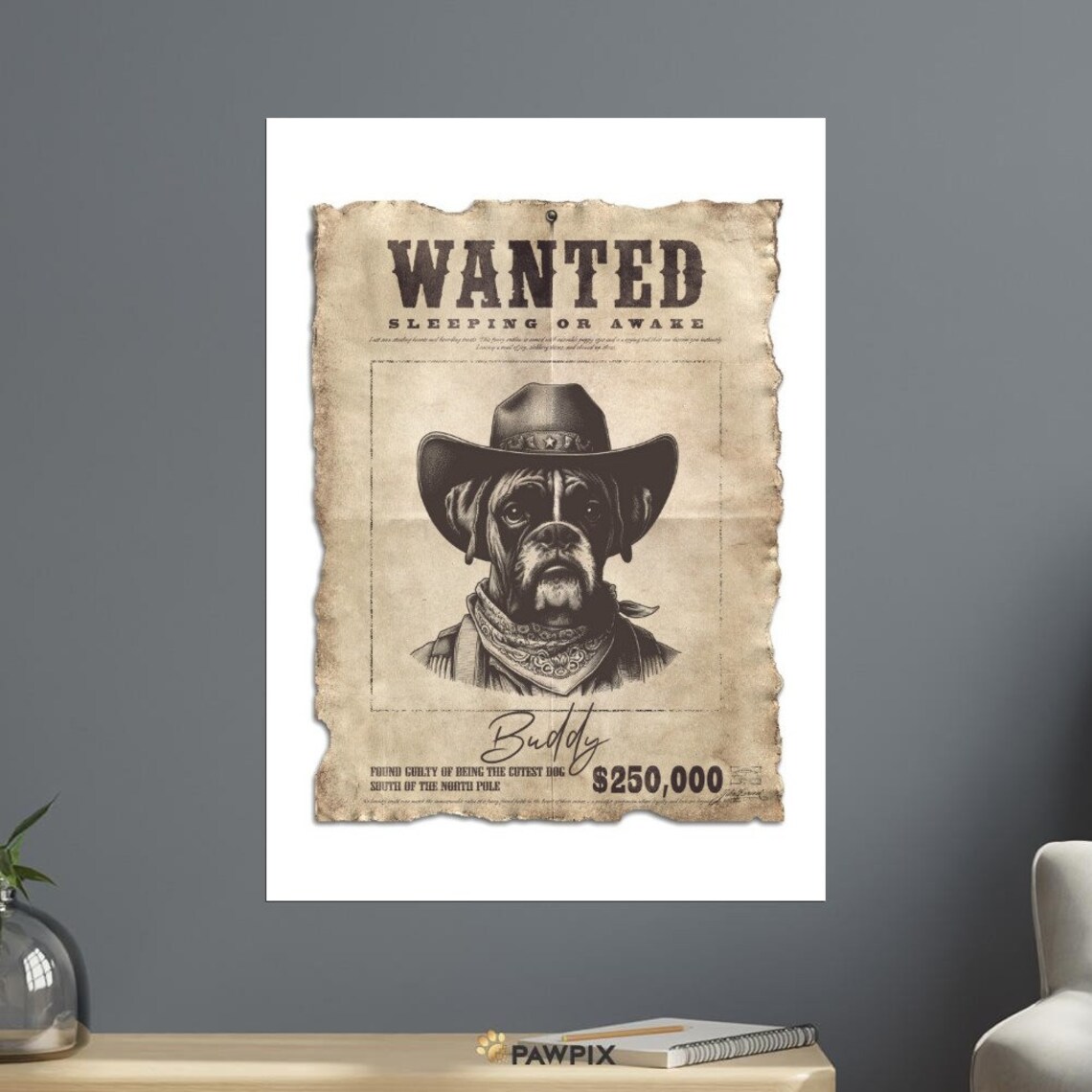 Wanted Boxer Cowboy Hat Vintage Western Dog Portrait Funny Pet Poster - Image 2