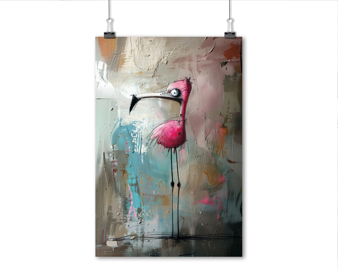 Crazy Pink Flamingo Quirky Abstract Painted Canvas Style Wall Art - Image 8