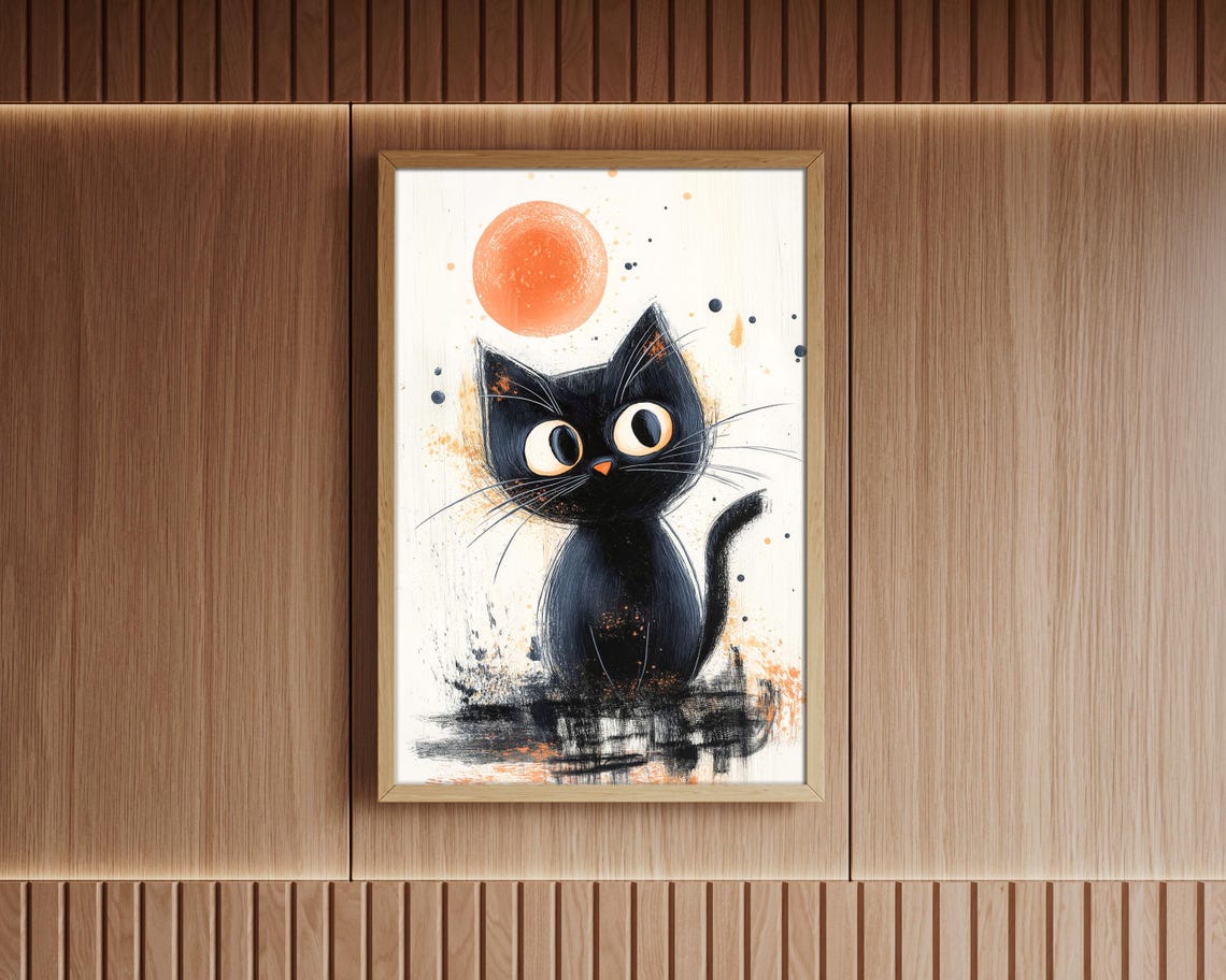 Black Cat Under Orange Moon Japanese Ink Style Minimal Wall Art - Image 7