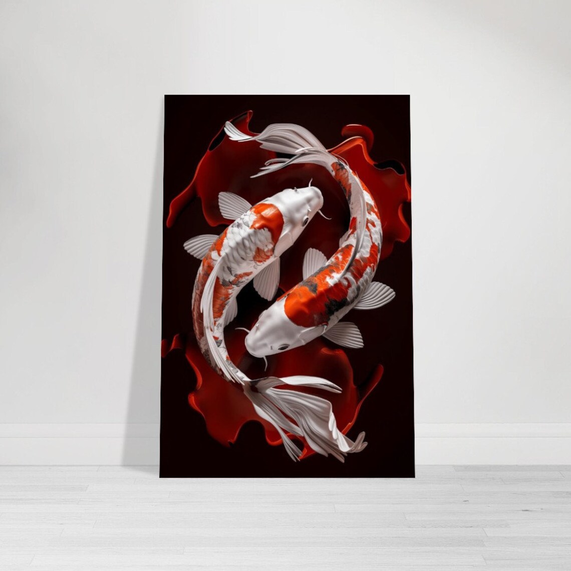 Yin Yang Koi Fish Pair Black Background Red Swirl Zen Art Print - Image 3