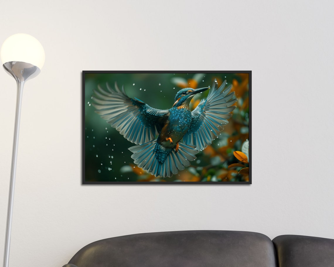 Kingfisher In Flight Water Droplets Vibrant Birdwatcher Nature Poster