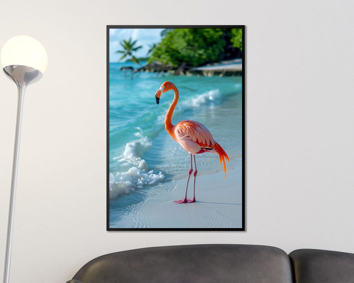 Pink Flamingo on Tropical Beach Turquoise Water Coastal Photo Poster - Image 3