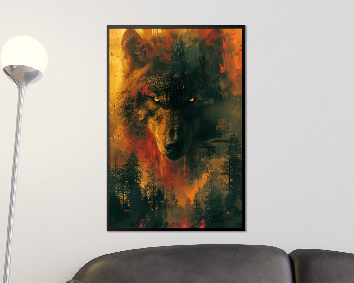Fiery Wolf Head Emerging From Forest Wild Spirit Animal Art Poster - Image 3