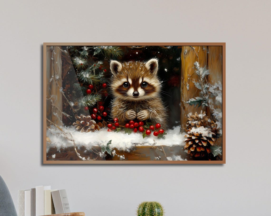 Raccoon Peeking Through Snowy Window With Red Berries Art Poster - Image 5
