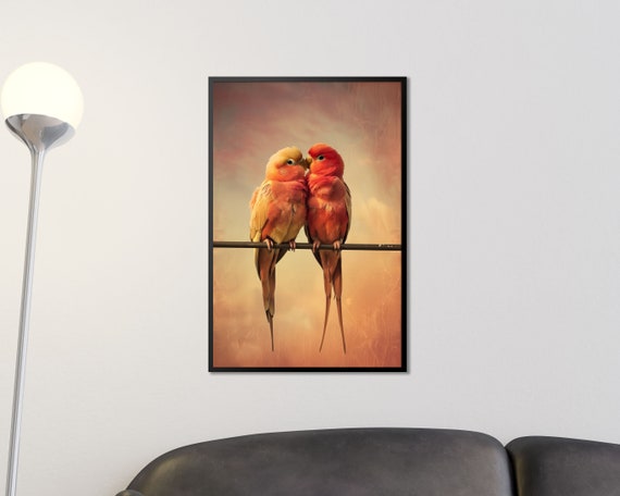 Sunset Serenade Warm Toned Lovebird Pair Poster Romantic Avian Art Animal Poster Art Print Wall Art Perfect For Bedroom Living Room