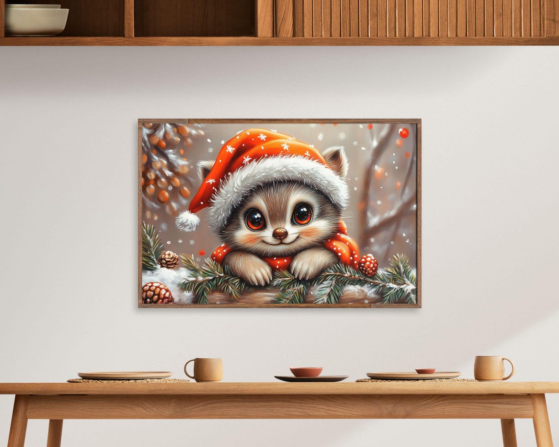 Raccoon In Santa Hat In Snowy Pine Forest Christmas Art Poster - Image 4