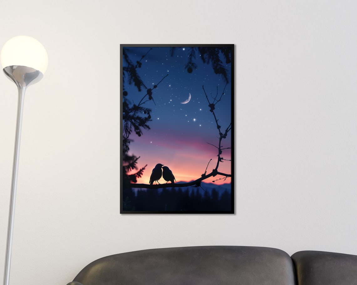 Bird Silhouette Pair Starry Night Crescent Moon Romantic Wall Art