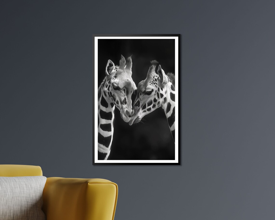 Tender Giraffe Pair Embrace Black And White Dramatic Wildlife Art Poster - Image 2