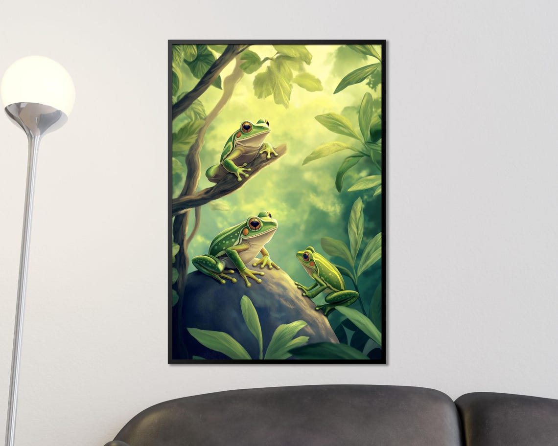Three Green Tree Frogs in Sunlit Jungle Canopy Nature Wall Art - Image 4