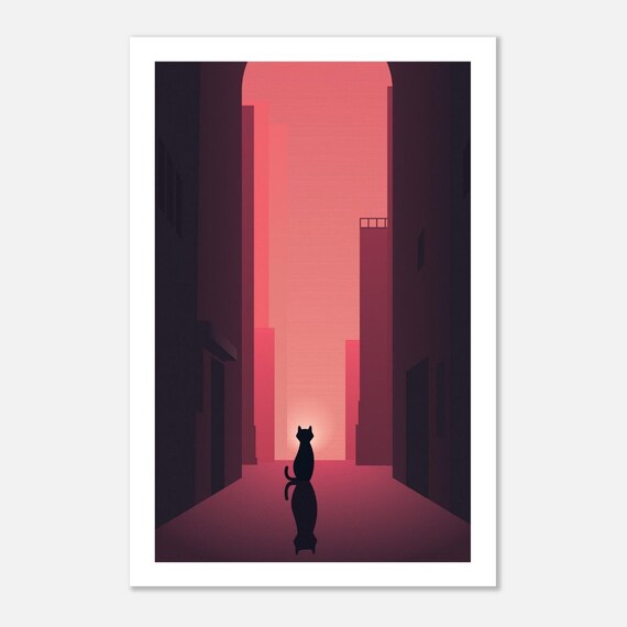 Twilight Whispers Urban Cat Alley Pink Sunset Minimalist Silhouette Poster