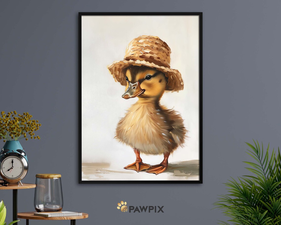 Dapper Duckling Straw Hat Cute Baby Duck Portrait Animal Print