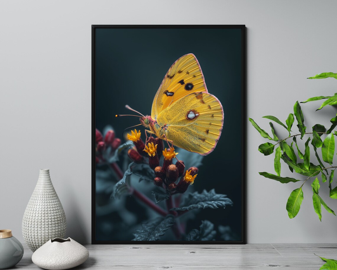 Golden Yellow Butterfly On Flowers Dark Background Macro Nature Poster - Image 5