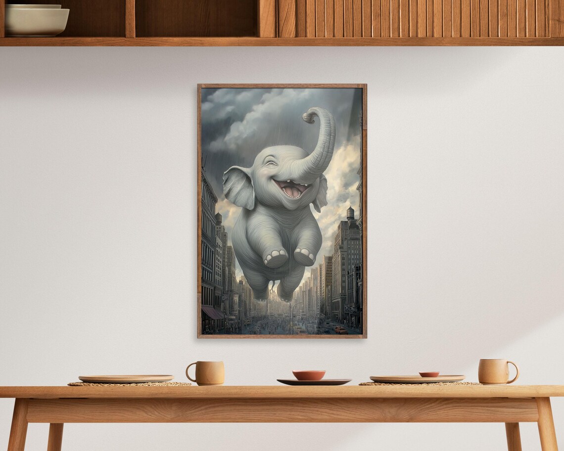 Giant Happy Elephant Flying Over City Street Surreal Wall Art - Image 6