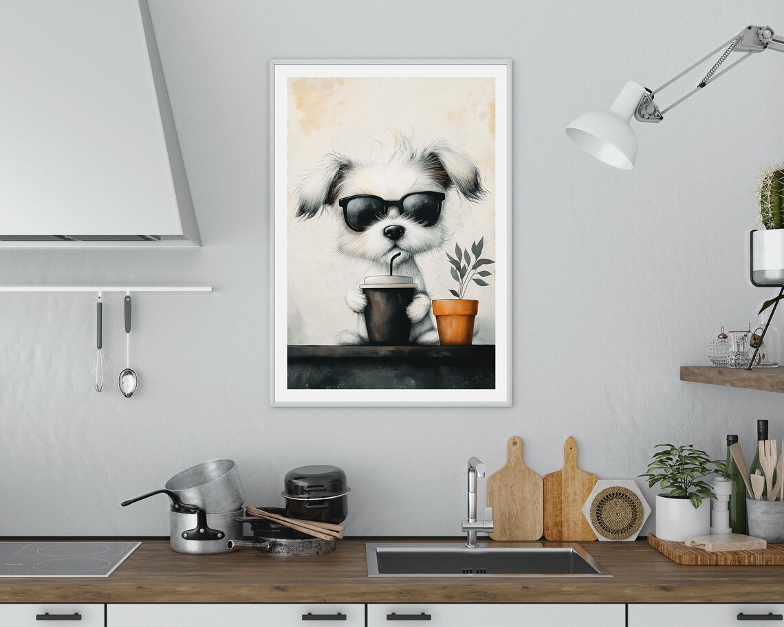 Cool Puppy With Sunglasses And Takeout Coffee Watercolor Dog Poster - Image 4