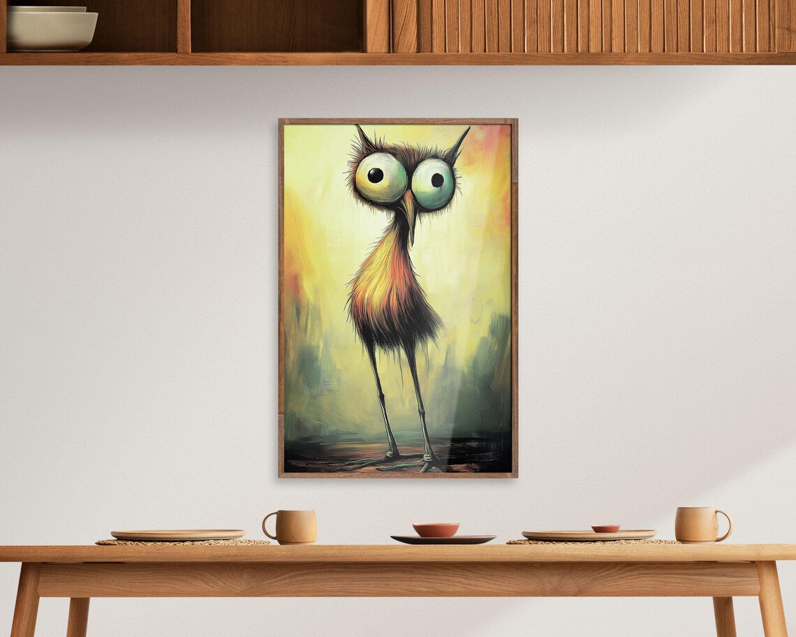 Quirky Big Eyed Bird Whimsical Yellow Painting Funny Animal Poster - Image 6