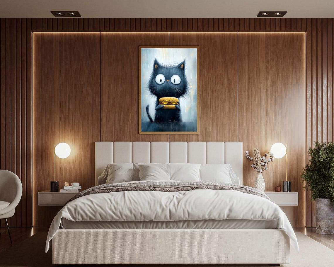 Black Cat Holding Cheeseburger Funny Whimsical Kitchen Art Poster - Image 3