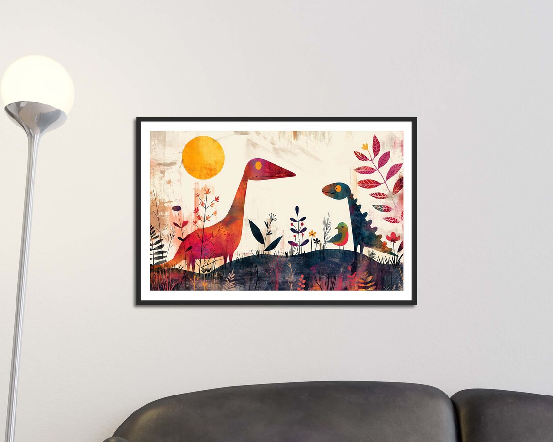 Whimsical Dinosaurs Under The Sun Colorful Nursery Kids Wall Art Print - Image 3