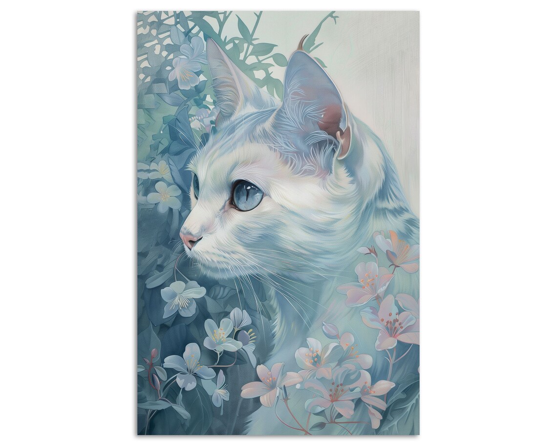 Elegant White Cat Among Blue Moonflowers Serene Floral Feline Art Print - Image 5