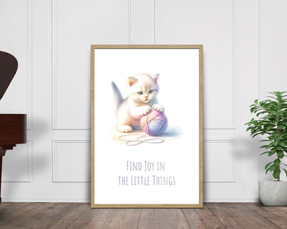 Find Joy In The Little Things White Kitten Yarn Ball Pastel Nursery Poster
