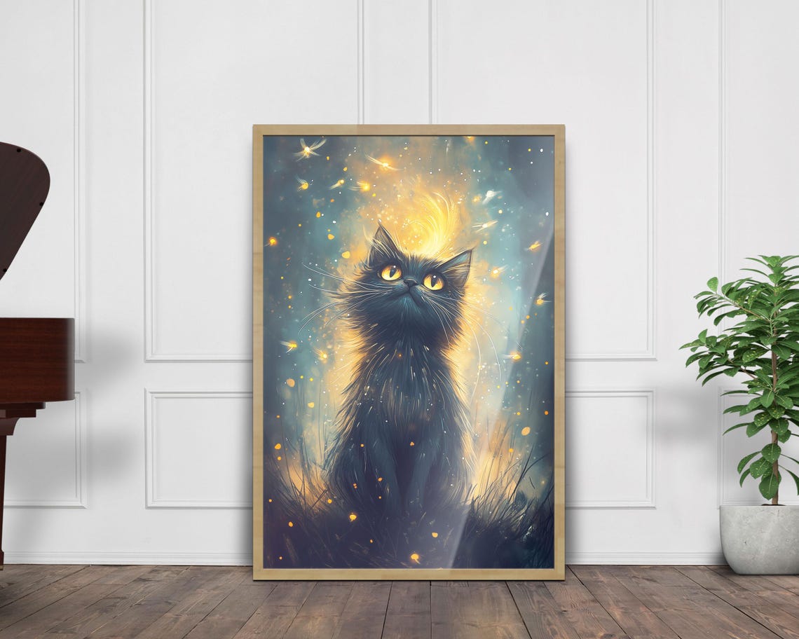 Black Kitten Gazing Up at Golden Light Magic Sparkles Wall Art - Image 5