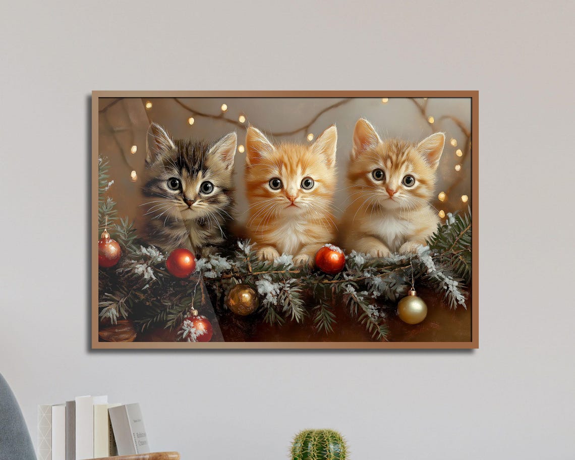 Three Kittens With Christmas Ornaments Holiday Lights Art Poster - Image 5