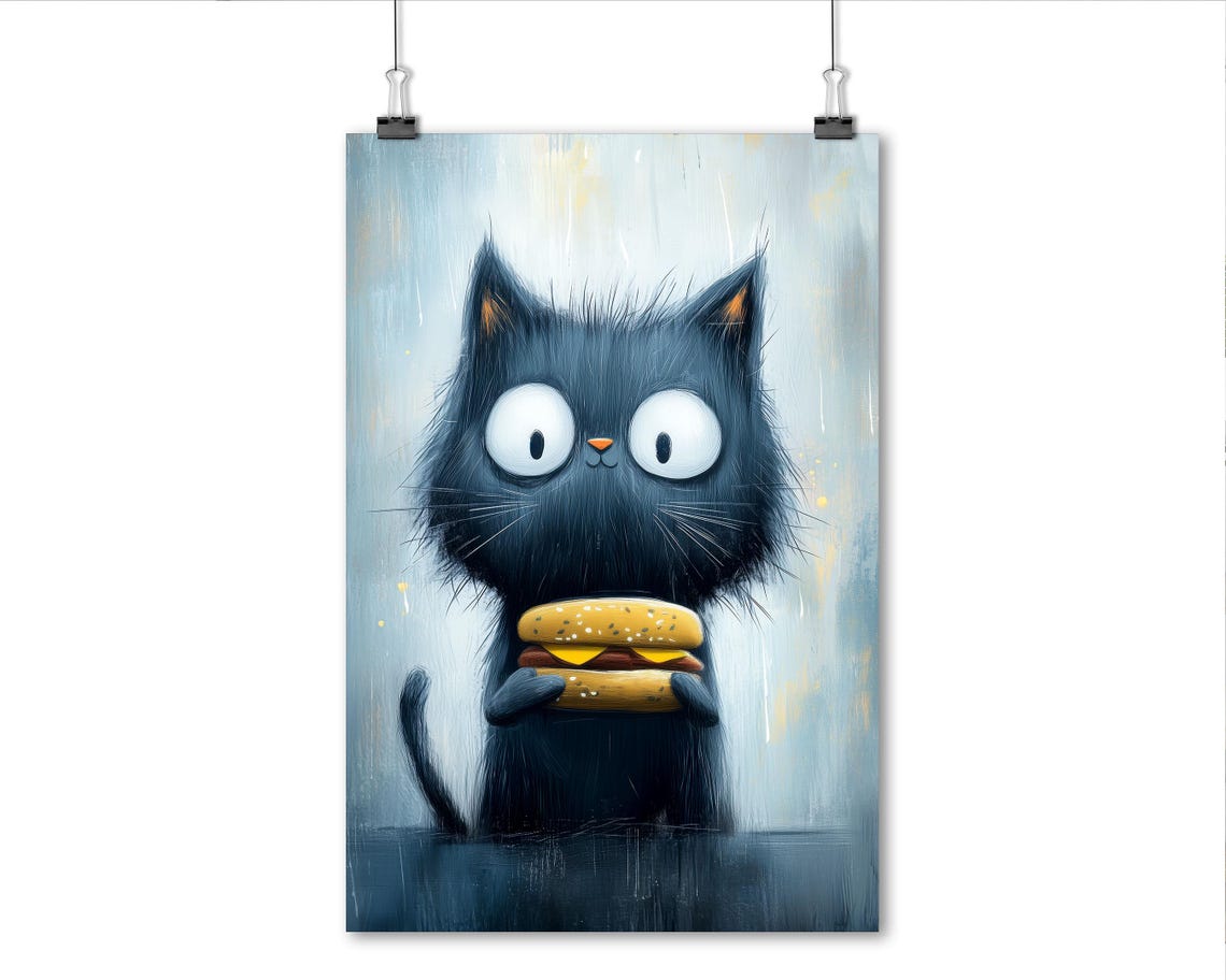 Black Cat Holding Cheeseburger Funny Whimsical Kitchen Art Poster - Image 6