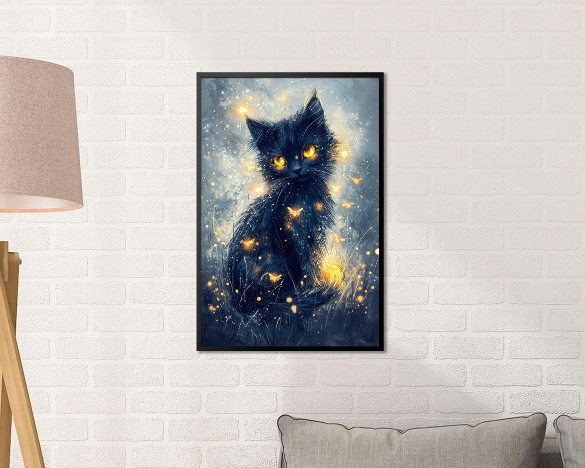 Mystical Black Kitten Golden Eyes Fireflies Magic Night Wall Art - Image 3