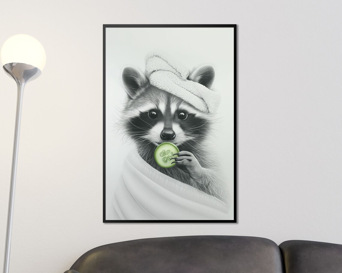 Pampered Raccoon Spa Day With Towel Eating Cucumber Funny Animal Poster