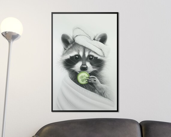 Pampered Raccoon Spa Day With Towel Eating Cucumber Funny Animal Poster