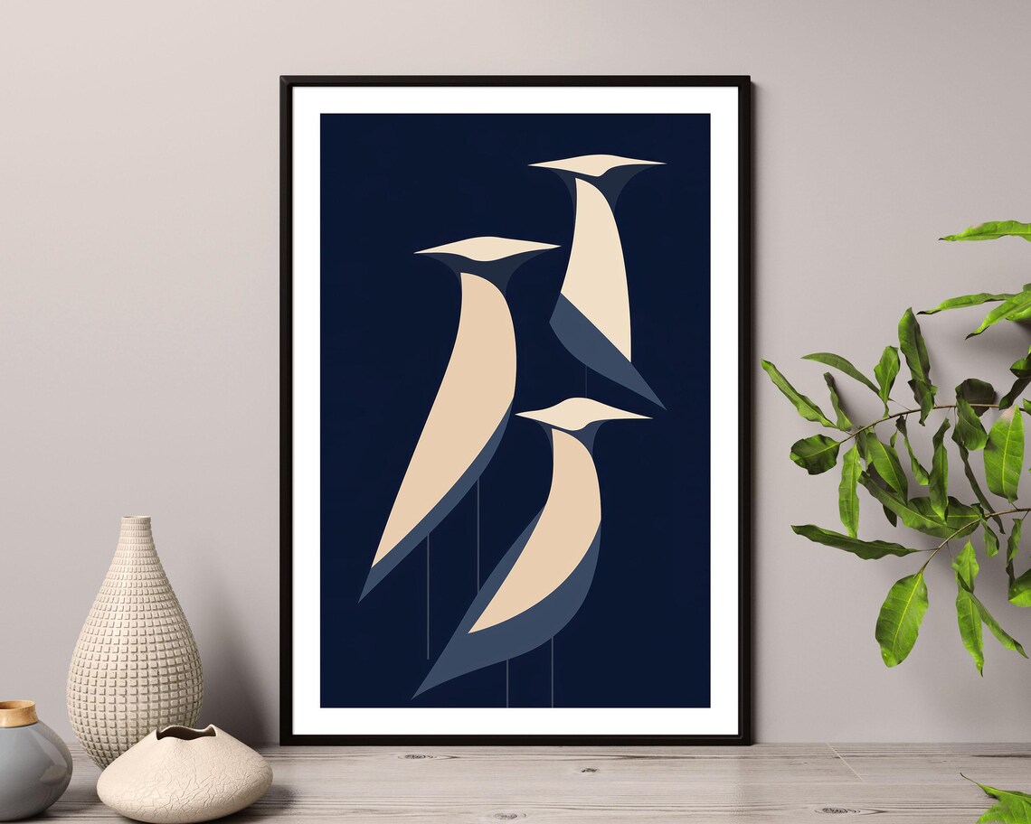 Minimalist Geometric Birds On Navy Scandinavian Abstract Art Poster - Image 2