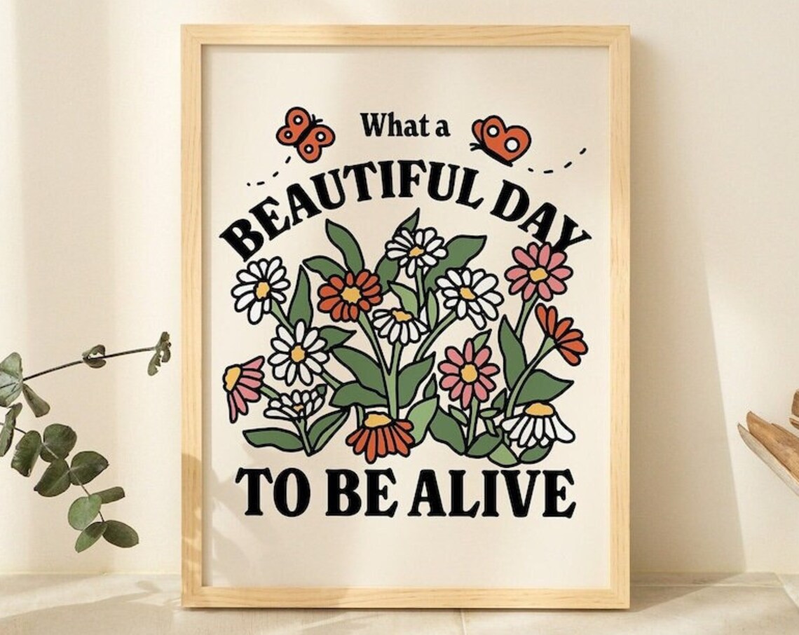 Retro Botanical Wildflowers Butterfly Quote Art Print