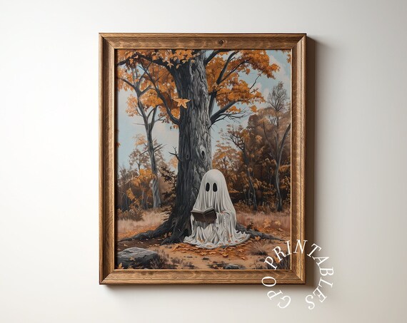 Cute Ghost Reading Under Autumn Tree Cozy Halloween Art Poster