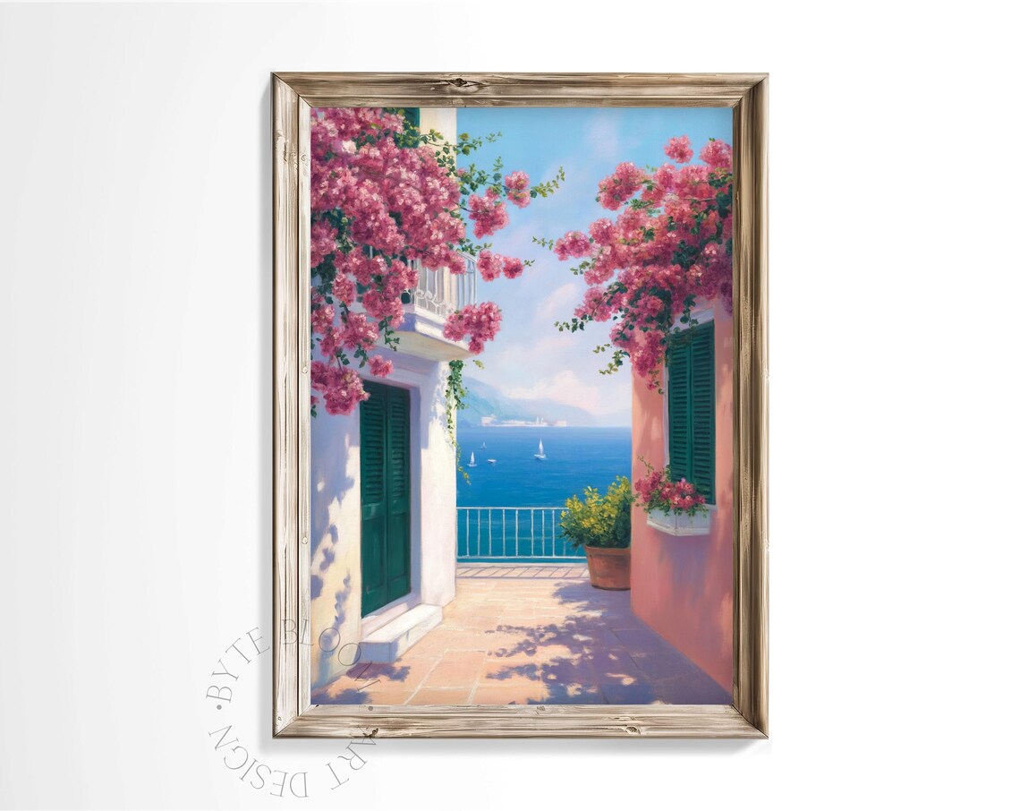 Mediterranean Bougainvillea Terrace Sea View Oil Painting Poster