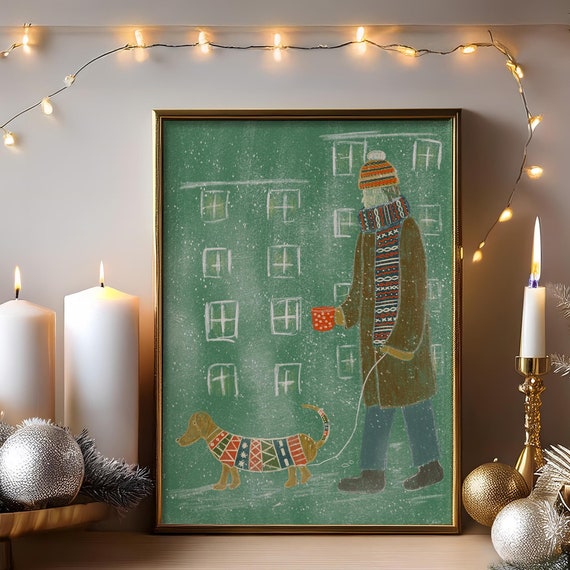 Winter Walk Illustration Vintage Print Wall Art