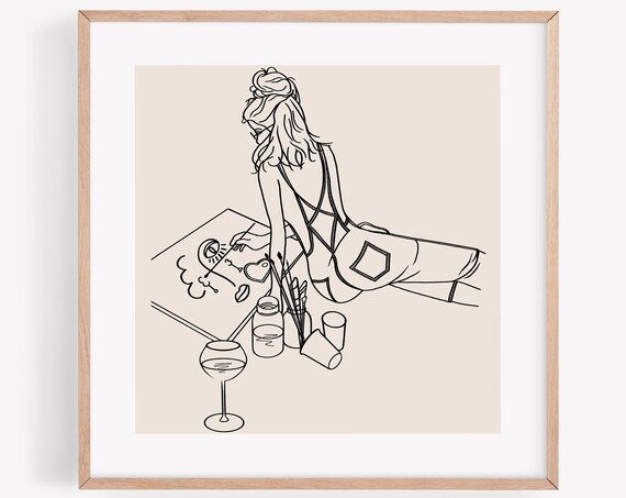 Woman Artist Painting Elegant Line Art Creative Studio Poster