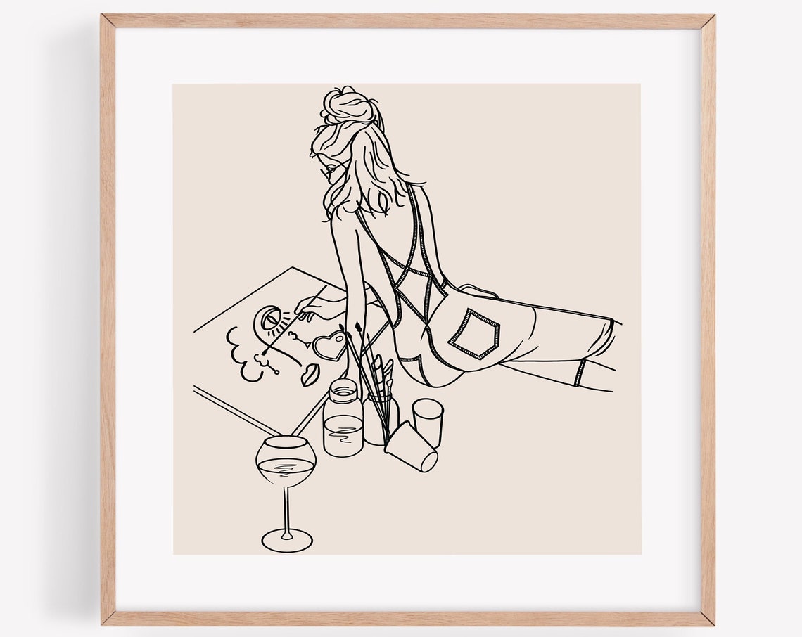 Woman Artist Painting Elegant Line Art Creative Studio Poster