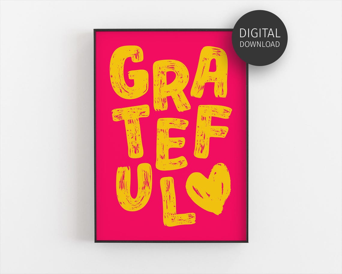 Grateful Hand Lettered Heart Neon Pink Yellow Positivity Wall Art