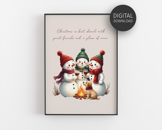Cute Christmas Print Wall Art For Holiday Decor Snowman And Wine Xmas Poster Festive Home Decor Christmas With Friends Decor