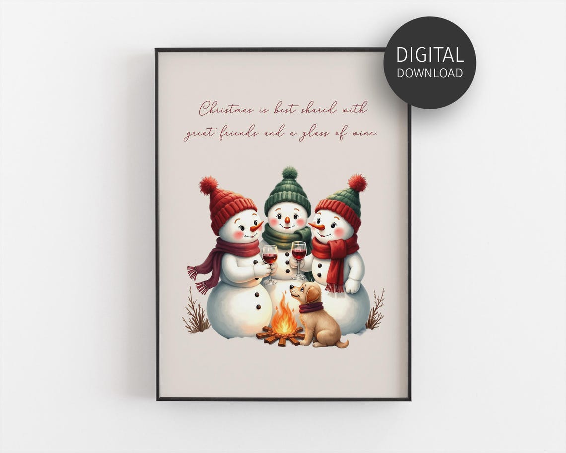 Snowmen Friends Wine Glasses Puppy Campfire Cute Christmas Poster