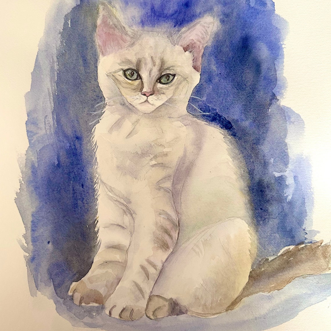 White Kitten With Green Eyes on Blue Watercolor Cat Portrait Poster - Image 2