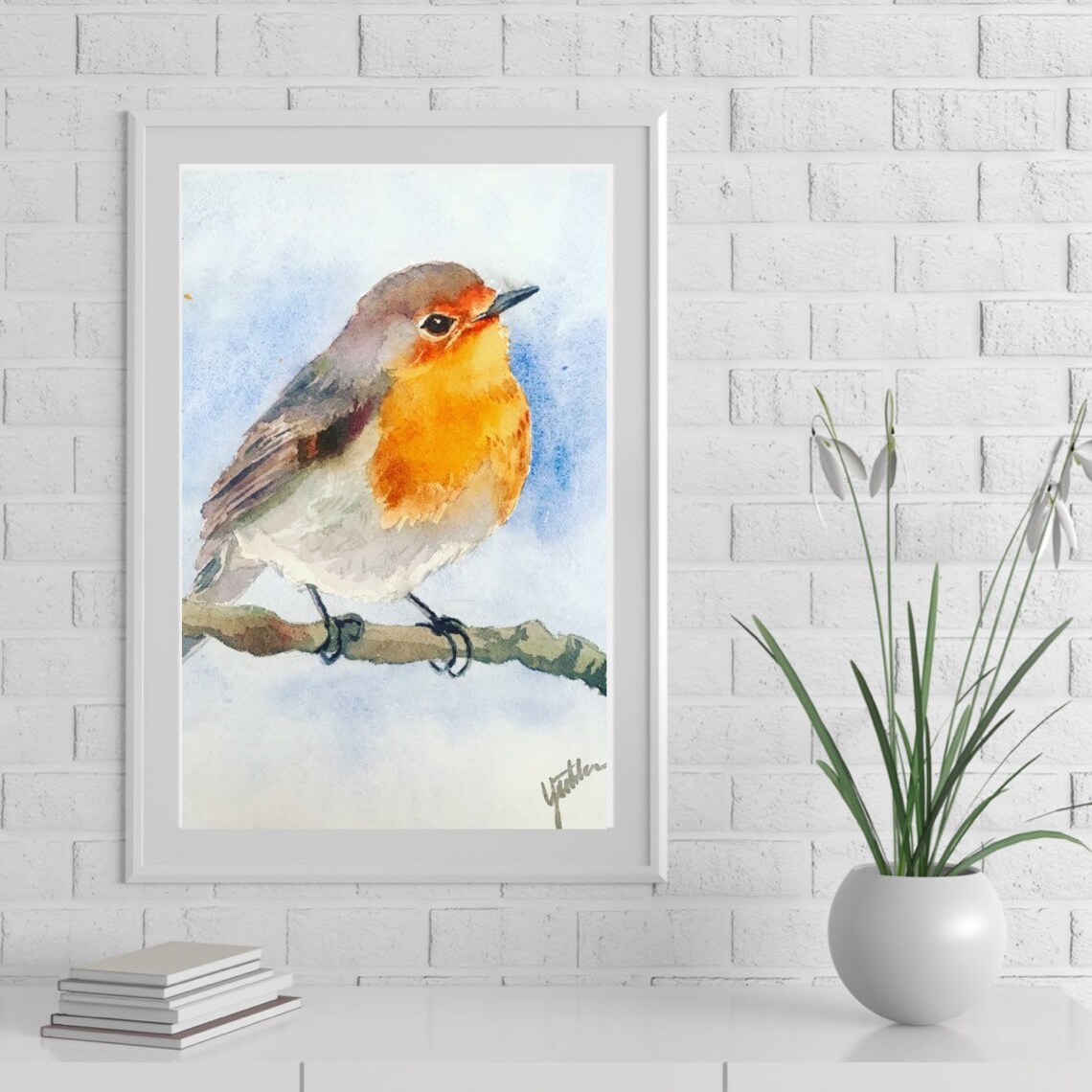 European Robin With Orange Breast Watercolor Songbird Poster - Image 3