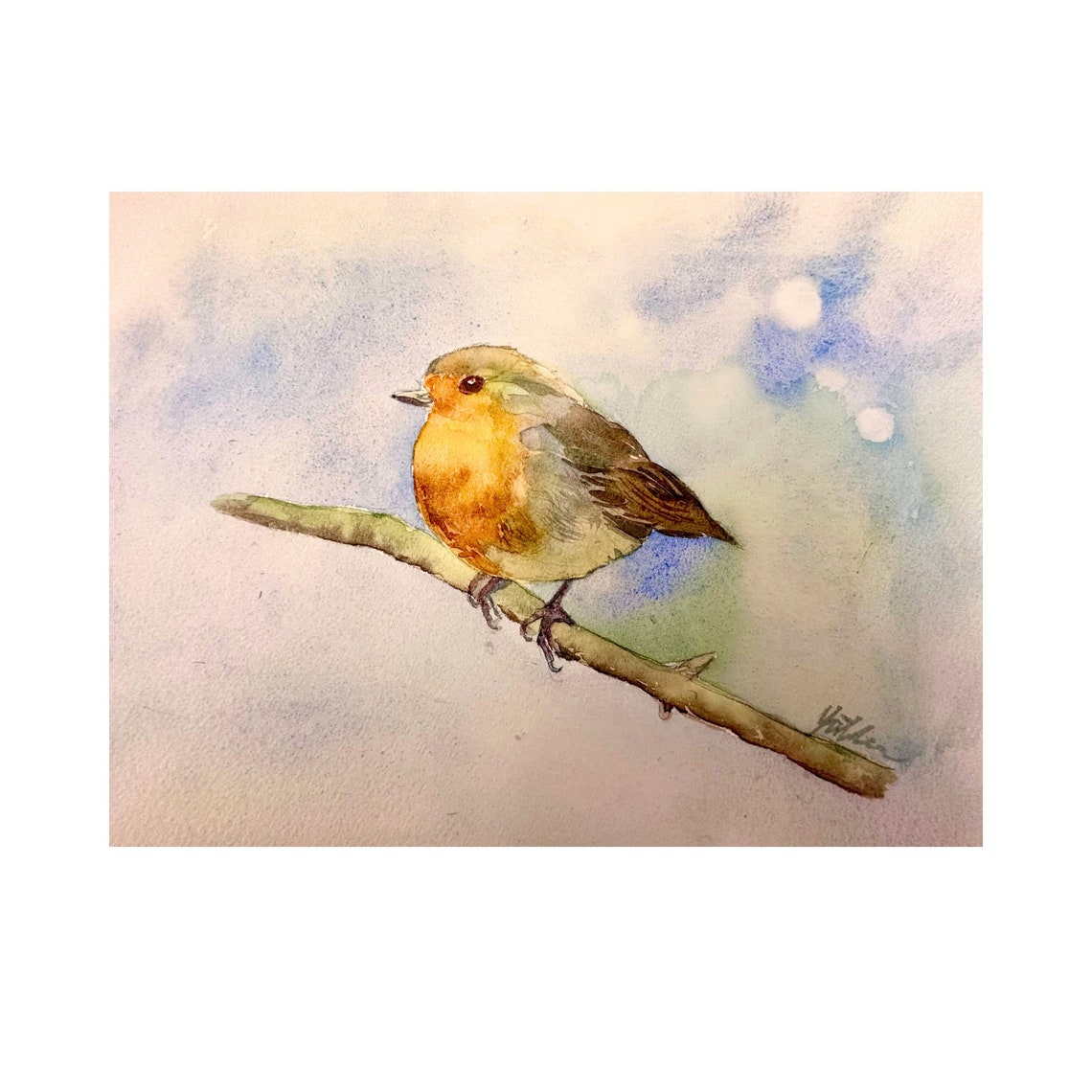 European Robin on Bare Branch Soft Blue Watercolor Garden Poster - Image 3