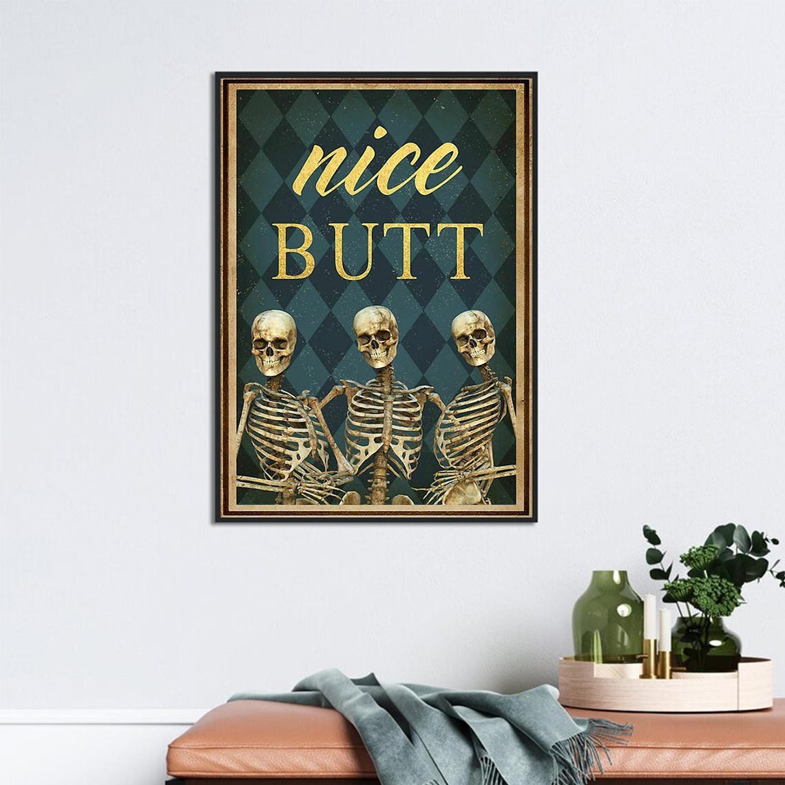 Three Laughing Skeletons Nice Butt Teal Bathroom Humor Poster - Image 2