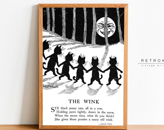 Louis Wain The Wink Six Black Cats Dancing in Snow Moonlight Cat Print