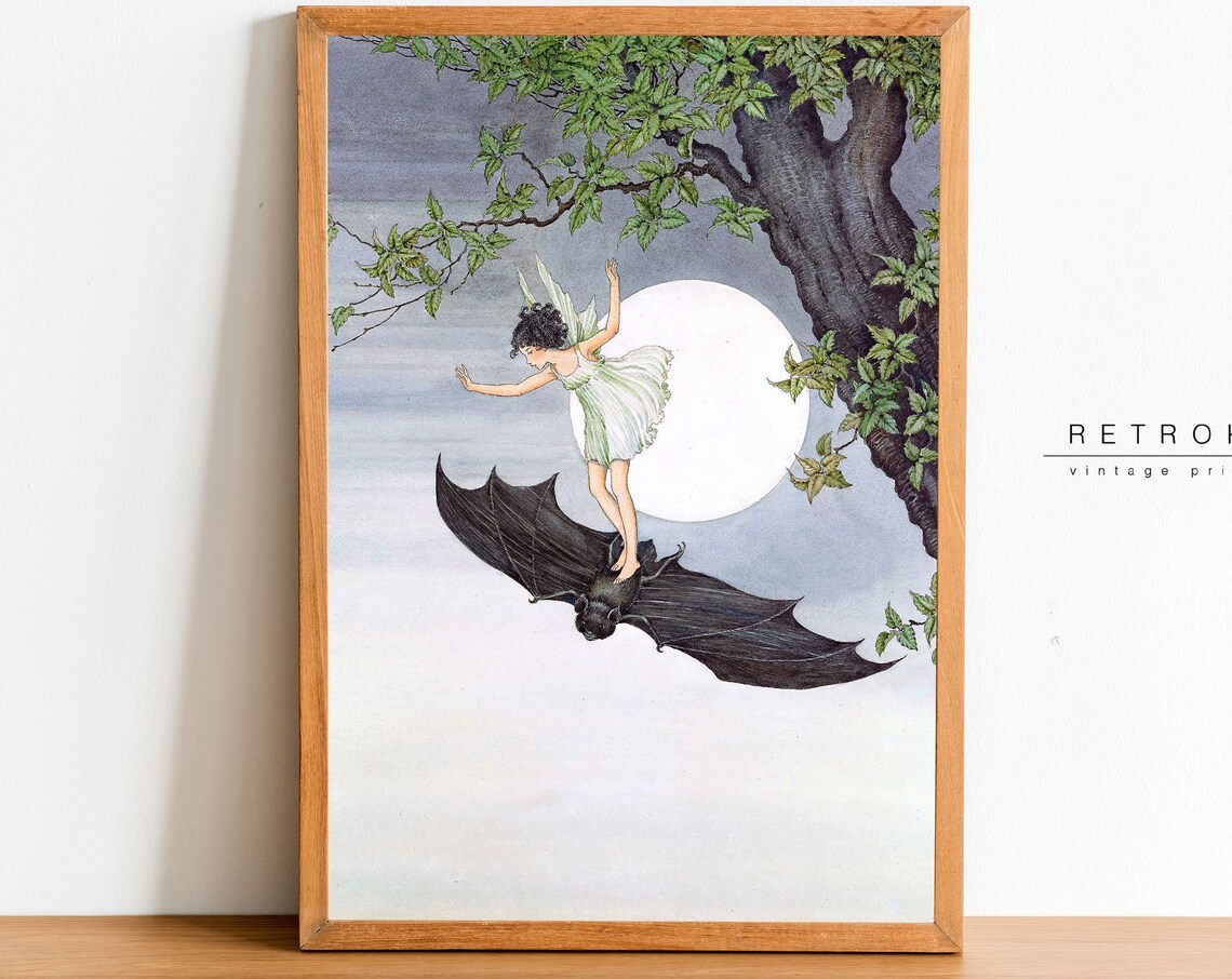 Ida Rentoul Outhwaite Fairy Riding Bat Full Moon Vintage Fantasy Print