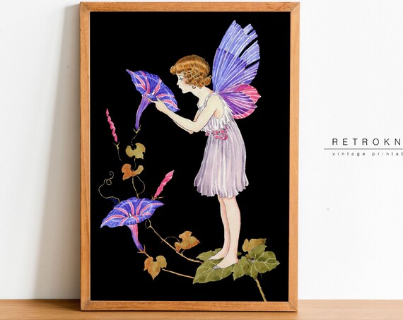 Ida Rentoul Outhwaite Morning Glory Fairy Black Background Floral Print